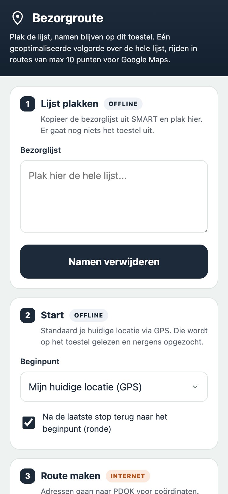 De Bezorgroute-app op een telefoon: bezorglijst plakken, namen verwijderen en beginpunt kiezen